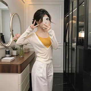 7907/7908 เสื้อแขนยาวสีขาวครีมและเสื้อกล้าม แฟชั่นผู้หญิง ชุดเสื้อไม่ติดกัน สไตล์เกาหลี