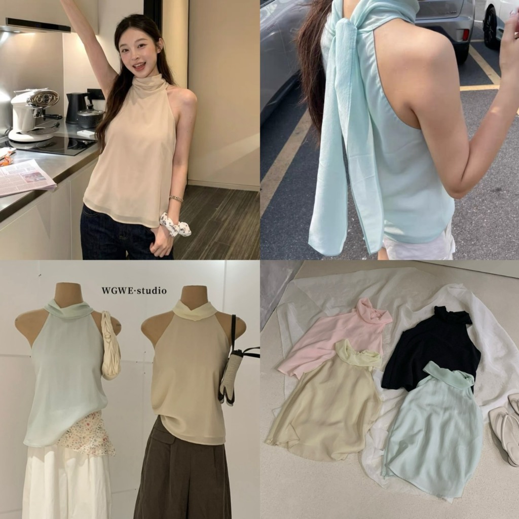 (พร้อมส่ง) 10090 เสื้อแขนกุดผูกโบว์ด้านหลัง งานป้าย WG.WE 🇰🇷