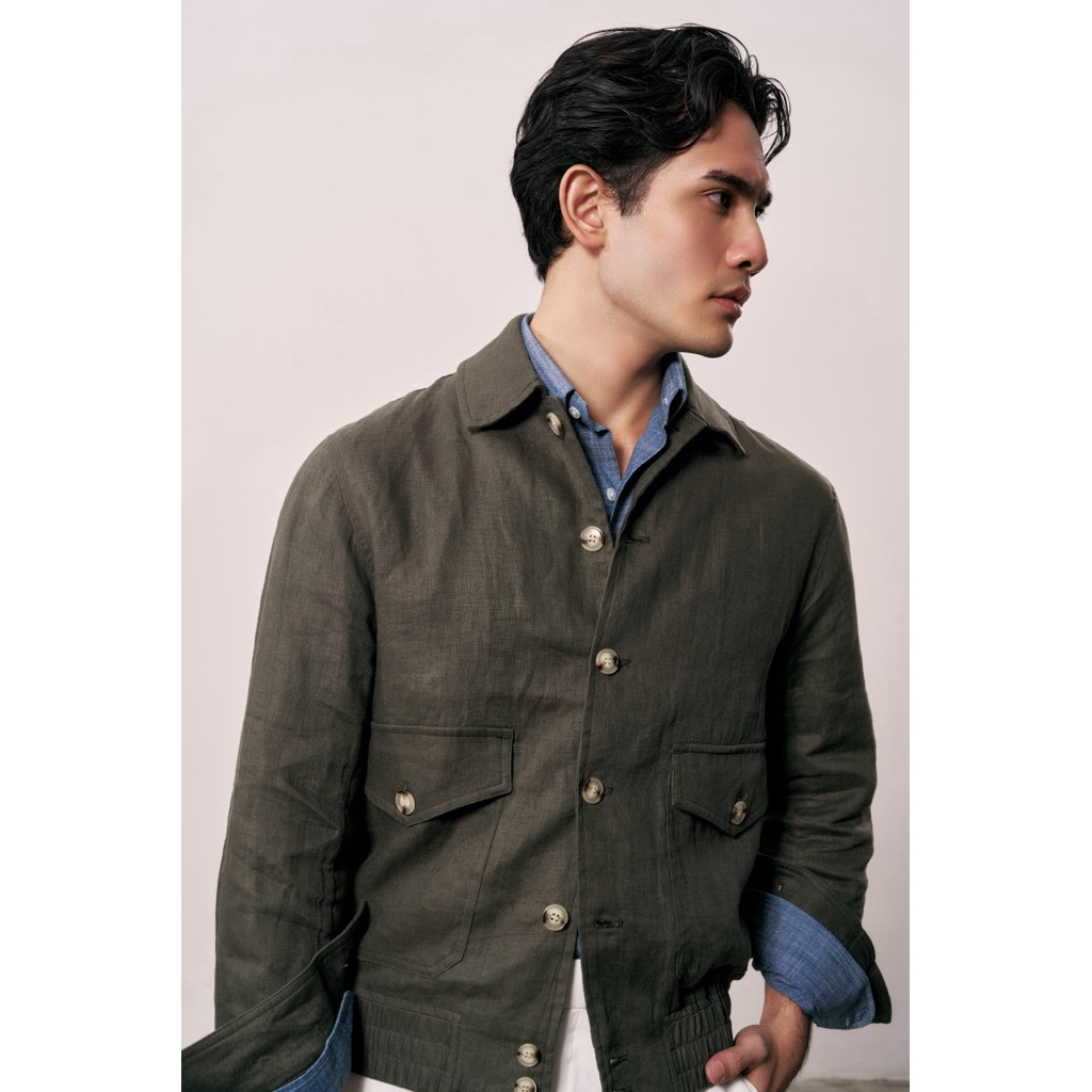 The Finery - The 100% Linen Aviator Jacket สีขาว และ เขียว | Cropped แจ๊กเกต | 100% Linen | กระเป๋า 4 ช่อง