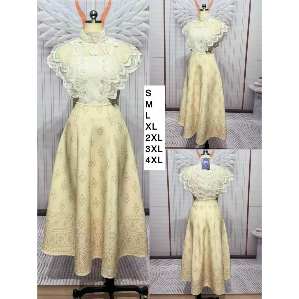 (.5 ข้าม เสื้อยาว19“ กระโปรง 33”) ชุดไทยประยุกต์ ชุดไทยสีครีม เสื้อลูกไม้+กระโปรงลายไทย งานป้าย chalita