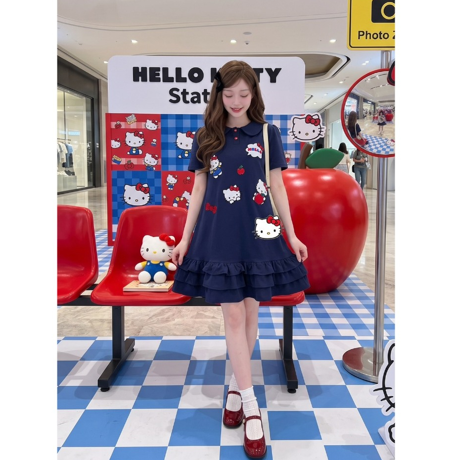 (มี3XL) Maria Diamond สีกรม Kitty Station Dress เดรสผ้าคอตตอนโปโลสีกรม งานปักคิตตี้ทั้งชุด กระดุมหน้าสวมหัว