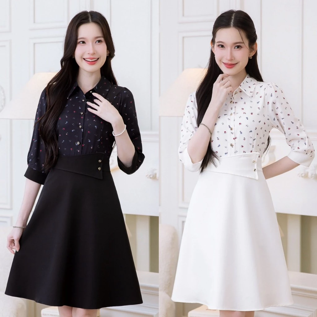 เดรส ALERT BRAND คอปกพิมพ์ลายดอกมินิ มินิมอลเกาหลีเกาใจ ตัดกับกระโปรงพื้น ช่วงอกเป็นกระดุมเปิดได้จริง