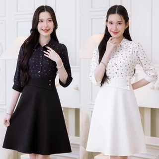 เดรส ALERT BRAND คอปกพิมพ์ลายดอกมินิ มินิมอลเกาหลีเกาใจ ตัดกับกระโปรงพื้น ช่วงอกเป็นกระดุมเปิดได้จริง
