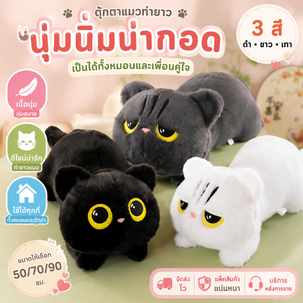 แมวน่ารักของเล่นตุ๊กตา Kawaii Big Cuddly หมอนเบาะน่ารักหมอนนอนยัดไส้นุ่มนอนแมวตุ๊กตาหมอนของขวัญวันเกิด TH