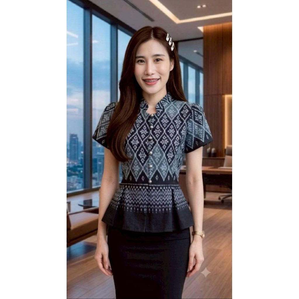 เสื้อผ้าฝ้ายคอจีน ลายผ้าไทยชายระบาย