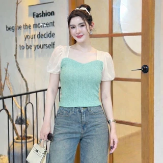 สินค้าพร้อมส่ง เสื้อแฟชั่นทรูโทน ผ้าเปลือกไม้ แขนตุ๊กตาแต่งผ้าชีฟอง ผ้ายืด ใส่สบาย ใส่แมท LG146