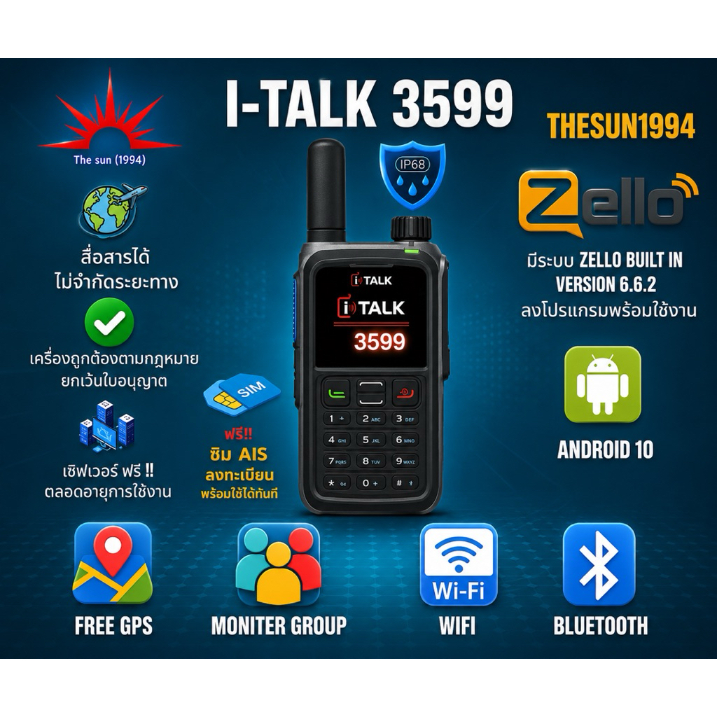 พร้อมส่ง🌞Thesun1994🌞(Zello/i-Talk)วิทยุสื่อสารPOCระบบAndroid I-Talk รุ่น 3599 พร้อมลงระบบให้พร้อมใช้งาน