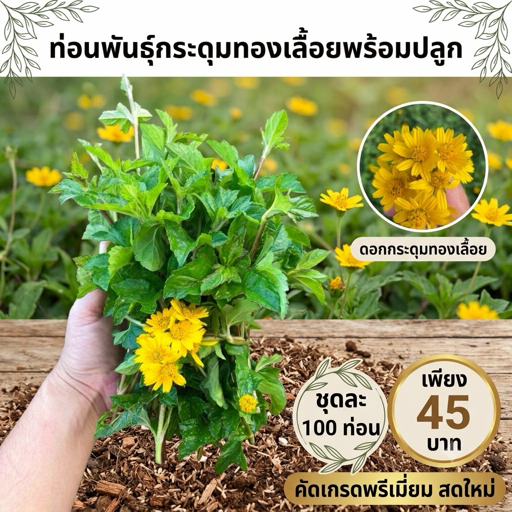 กระดุมทองเลื้อย กิ่งตัดสด ชุดละ 100 กิ่ง