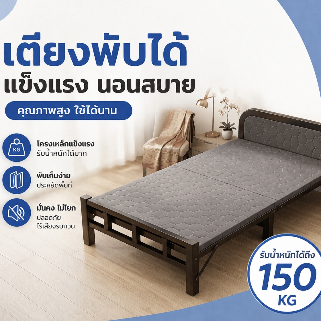 เตียงพับเดี่ยว พับได้ รับน้ำหนัก 600 กก. พับเก็บง่าย ไม่ต้องประกอบ สำหรับบ้านและหอพัก
