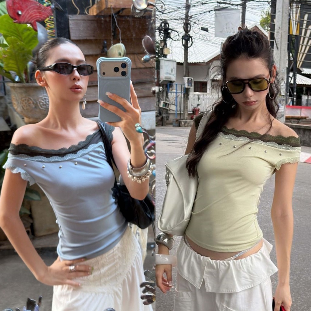 BY0614 เสื้อปาดไหล่ทูโทนแต่งลูกไม้และหมุด ผ้านิ่มเย็น benly co