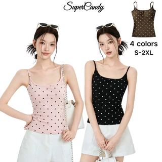 SuperCandy🌷เสื้อสายบางลายจุด สไตล์สาวฮอต คอกสี่เหลี่ยม สั้นกระชับเอว