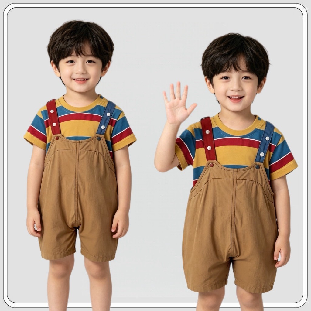MC354 ชุดเอี๊ยมขาสั้นเด็กผู้ชาย เสื้อลายหลายสีสดใส ผ้านุ่มไม่ระคายผิว เหมาะใส่ประจำวันฤดูร้อน