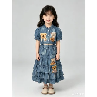 MC355 ชุดกระโปรงกางเกง 2 ชิ้นเซตเด็กผู้หญิง ผ้าฝ้ายระบายอากาศ เสื้อสั้นโชว์เอว ลายตุ๊กตาหมี น่ารักใส่ประจำวัน