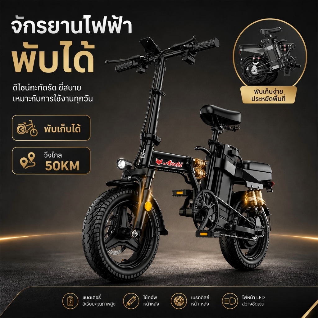 จักรยานไฟฟ้าพับได้ เหมาะสำหรับผู้ใหญ่ จักรยานไฟฟ้า 500W 48V16AH แบตลิเธียม พกพาได้ 50KM ผ่อน 0%