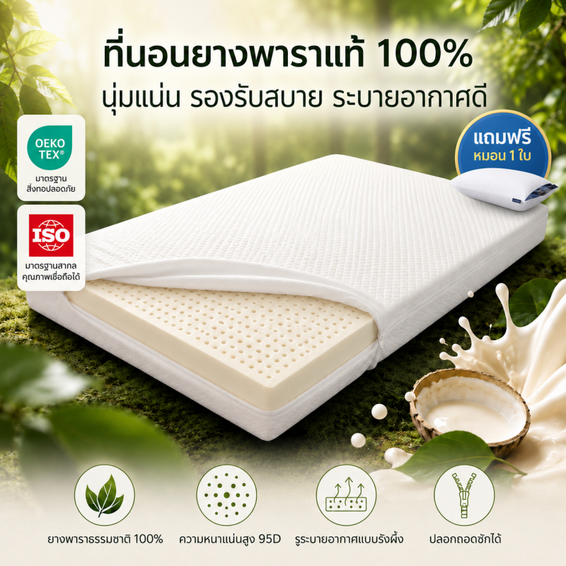 ที่นอนยางพาราแท้ 100% ฉีดขึ้นรูป นุ่มสบาย ระบายอากาศดี ลดการสะสมแบคทีเรีย 3/4/5/6ฟุต COD