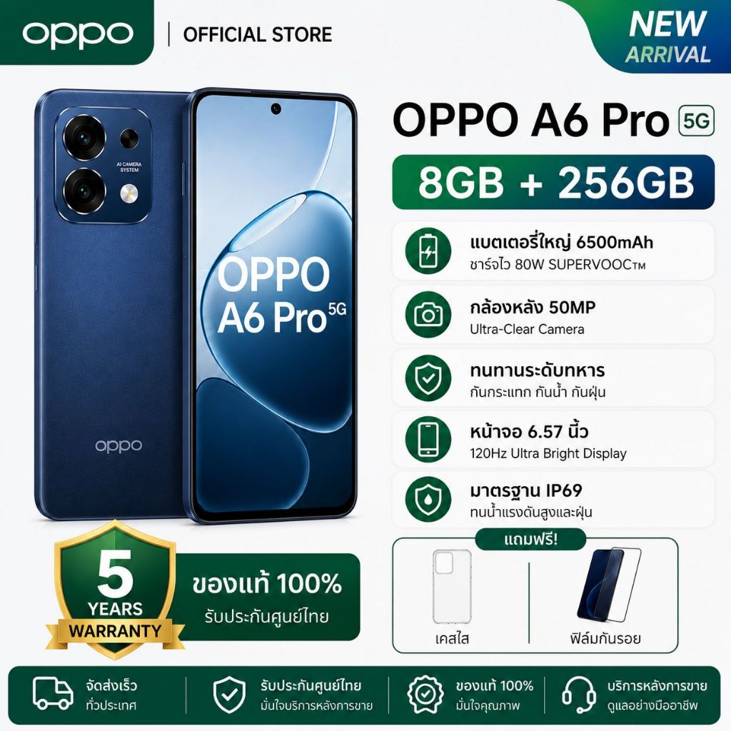 สมาร์ทโฟน OPPO A6 Pro 5G (8+256GB) มาพร้อมหน้าจอ 6.67 นิ้ว ความถี่ 120Hz แบตเตอรี่ 6500mAh และรองรับ 5G