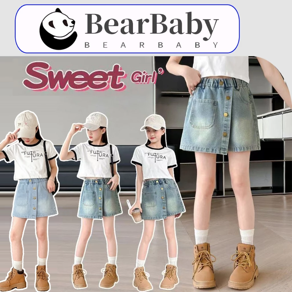 BEAR BABY พร้อมส่งจากไทย กางเกงขาสั้นสไตล์เกาหลีสำหรับเด็กผู้หญิง กางเกงกระโปรงยีนส์ ทรงสวย แมทช์ง่าย เอวยางยืด
