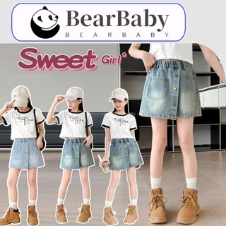 BEAR BABY พร้อมส่งจากไทย กางเกงขาสั้นสไตล์เกาหลีสำหรับเด็กผู้หญิง กางเกงกระโปรงยีนส์ ทรงสวย แมทช์ง่าย เอวยางยืด