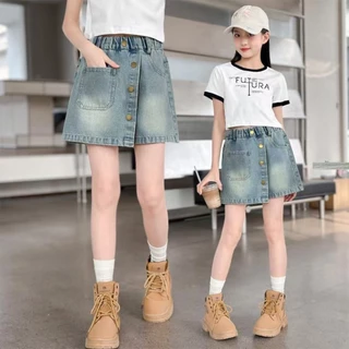 BEAR BABY พร้อมส่งจากไทย กางเกงขาสั้นสไตล์เกาหลีสำหรับเด็กผู้หญิง กางเกงกระโปรงยีนส์ ทรงสวย แมทช์ง่าย เอวยางยืด