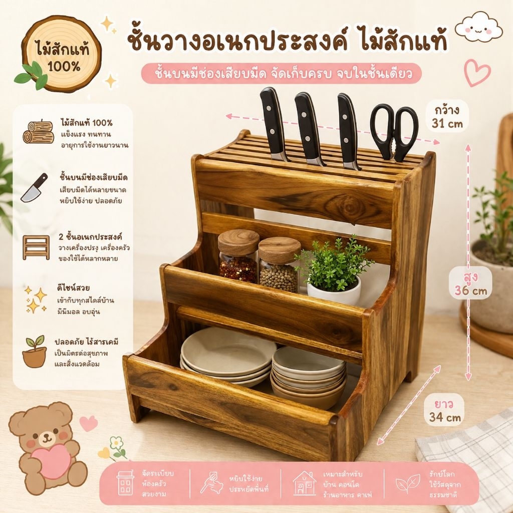 ชั้นวางไม้สัก3ชั้นแบบทึบพร้อมที่เสียบมีด