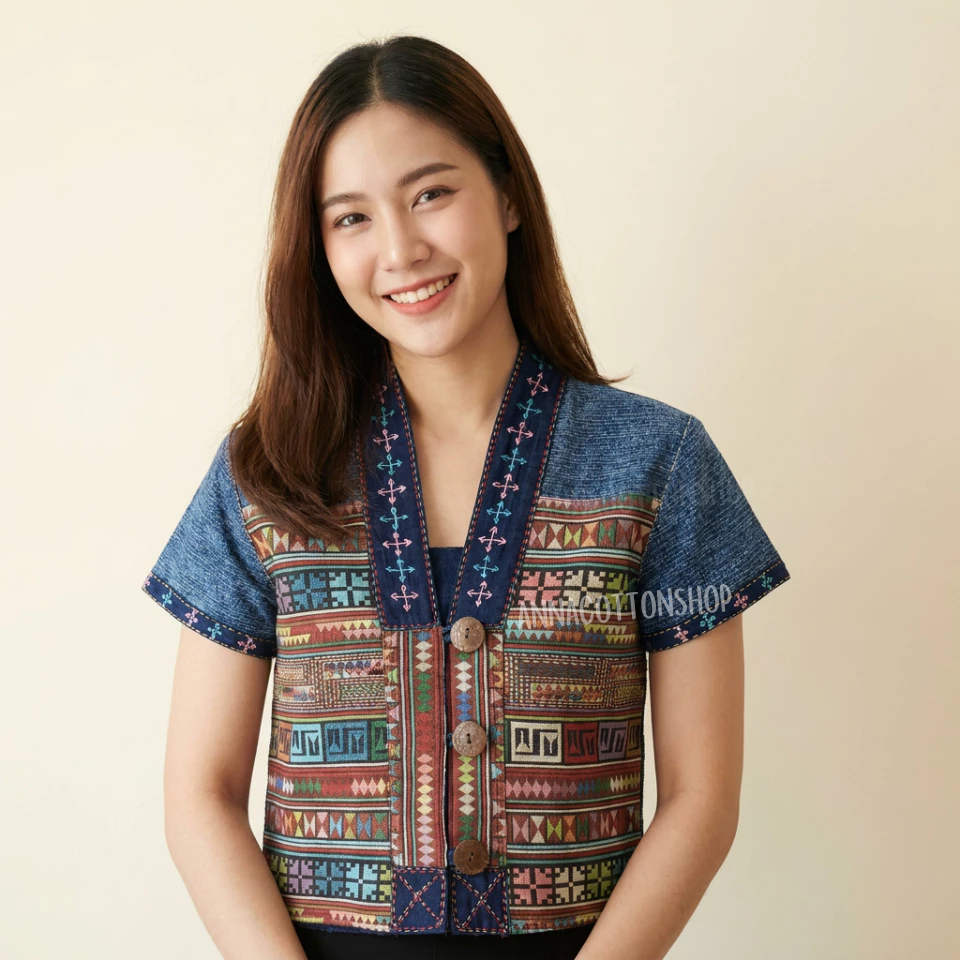 เสื้อผ้าฝ้ายใบปอชินมัยสโตนสำหรับผู้หญิง ดีไซน์ โดดเด่นด้วยการแต่งผ้าทออาข่า ผสมผสานงานปักอย่างลงตัว ให้กลิ่นอายล้านนา