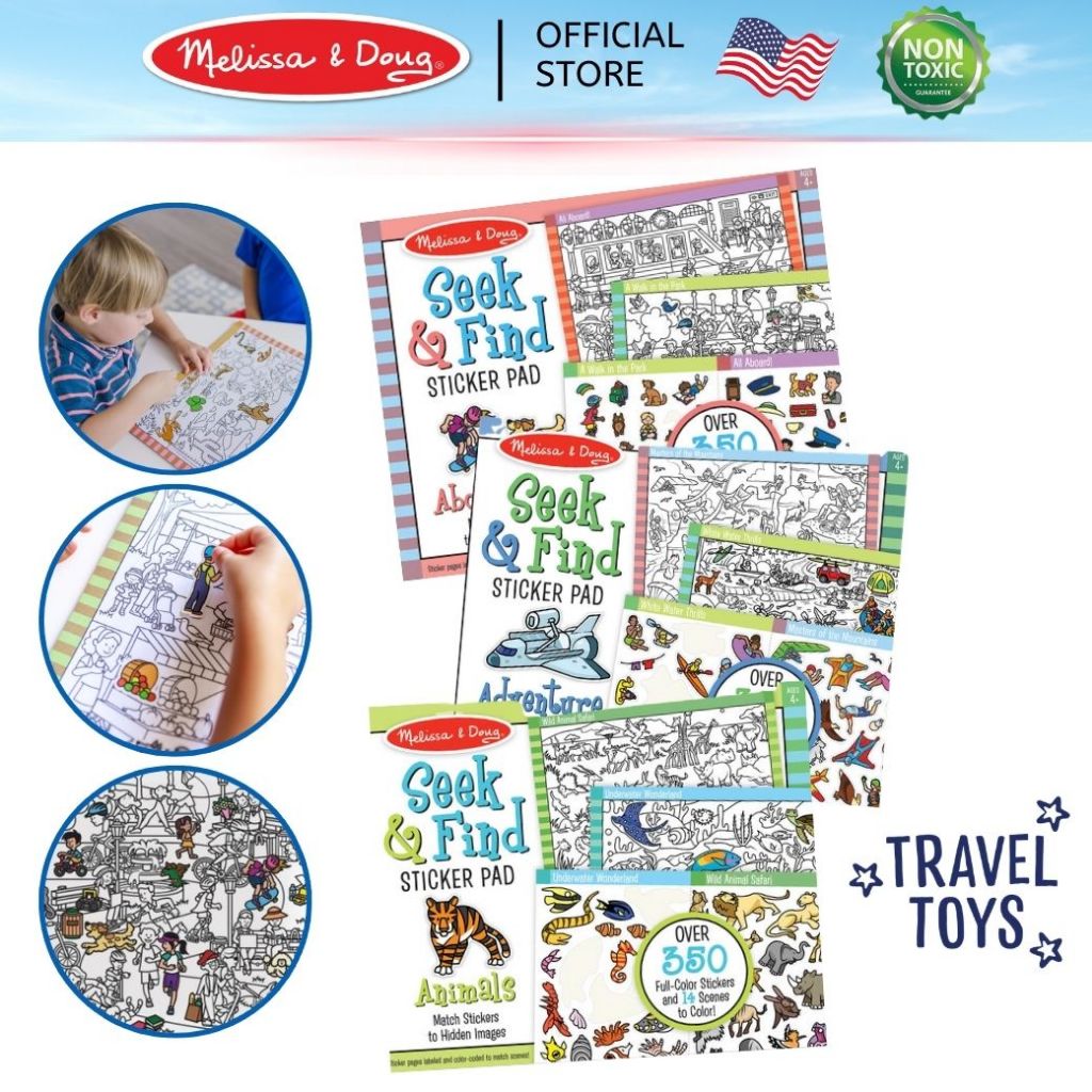(ของแท้ USA) สมุดกิจกรรมค้นหาภาพซ่อนในฉาก ติดสติกเกอร์ และระบายสี Seek & Find Sticker Pad Melissa & Doug ศิลปะ 30150