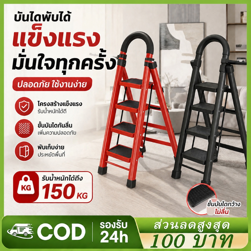 บันไดพับได้ทรง A พร้อมราวจับ โครงสร้างหนา แข็งแรง พับเก็บง่าย ประหยัดพื้นที่