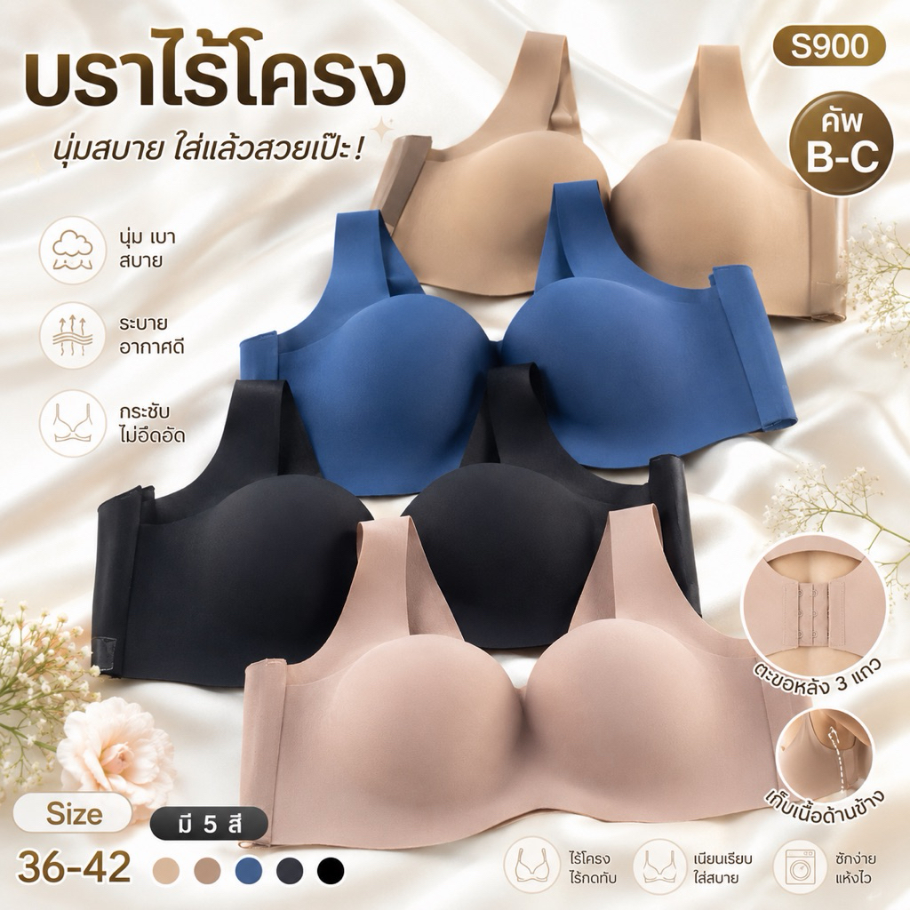 900เสื้อในไซร์ใหญ่มีโครง ไร้ขอบข้าง Size36-42 คัพB-C #900