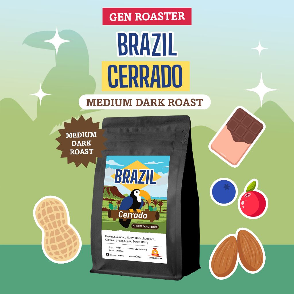 GEN Roaster เมล็ดกาแฟคั่วกลางเข้ม Brazil Cerrado 200-500 g. บอดี้แน่น ละมุนไม่ขม Medium Dark Chocolate Process dry