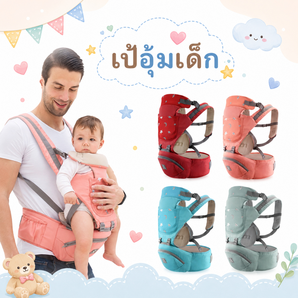 Royal kids เป้อุ้มเด็กแบบมีซัพพอร์ต Aiebao ของแท้ พร้อมกล่อง เป้อุ้มมีที่นั่ง รับได้ถึง 30kg.สำหรับเด็ก 0-48 เดือน