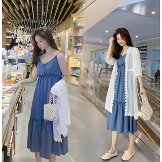 ✿♥เดรสคลุมท้องแฟชั่น (DR-518) ผ้าชีฟอง สายเดี่ยว มาพร้อมเสื้อคลุมยาว ผ้าเนื้อนิ่ม