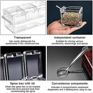 4 ช่องพร้อมฐานและช้อนกล่องอะคริลิคใสภาชนะปรุงรสในครัวเรือนเกลือกล่องเครื่องปรุงรสใส