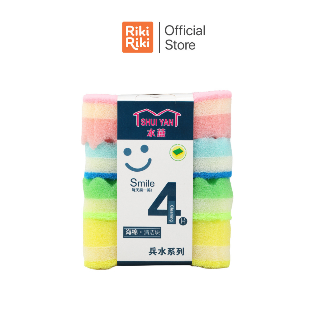 Rikiriki ฟองน้ำล้างจานอเนกประสงค์ แพ็ก 4 ชิ้น สองด้านครบจบในชิ้นเดียว ทำความสะอาดหมดจด