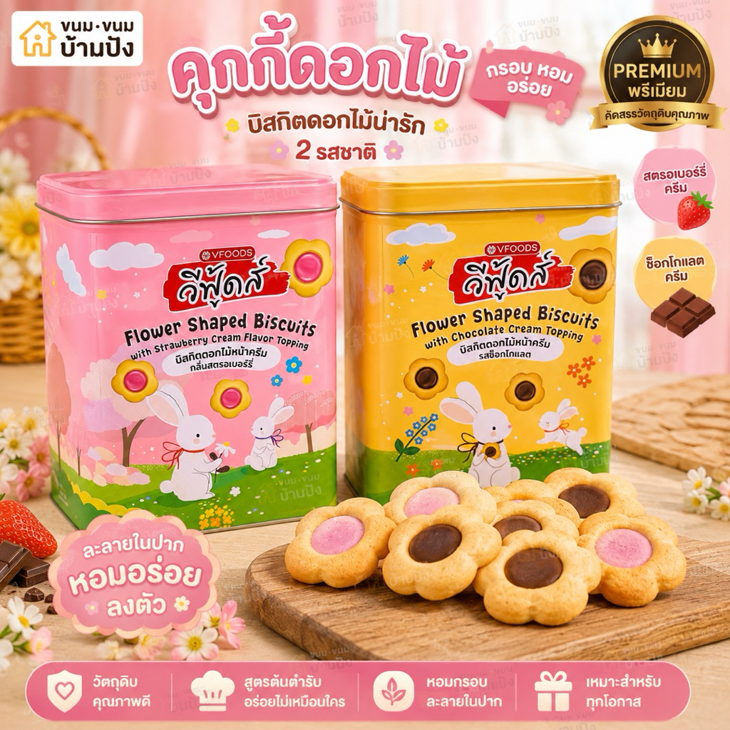 (1กระปุก)คุกกี้ดอกไม้ ครีมช็อกโกแลตและสตอเบอรี่ หอมละมุนกระปุกเหล็ก สวย น่ารัก พรีเมี่ยม ขนาด350กรัม
