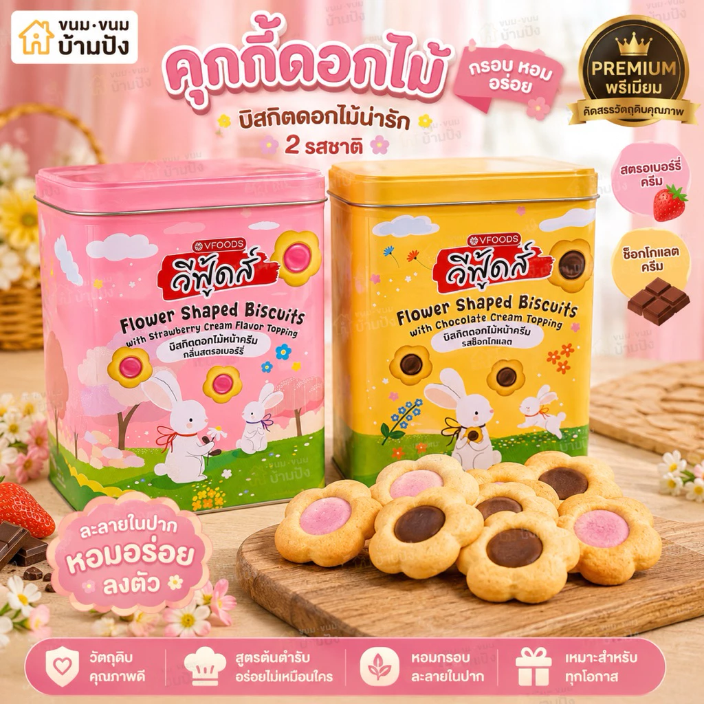 (1กระปุก)คุกกี้ดอกไม้ ครีมช็อกโกแลตและสตอเบอรี่ หอมละมุนกระปุกเหล็ก สวย น่ารัก พรีเมี่ยม ขนาด350กรัม