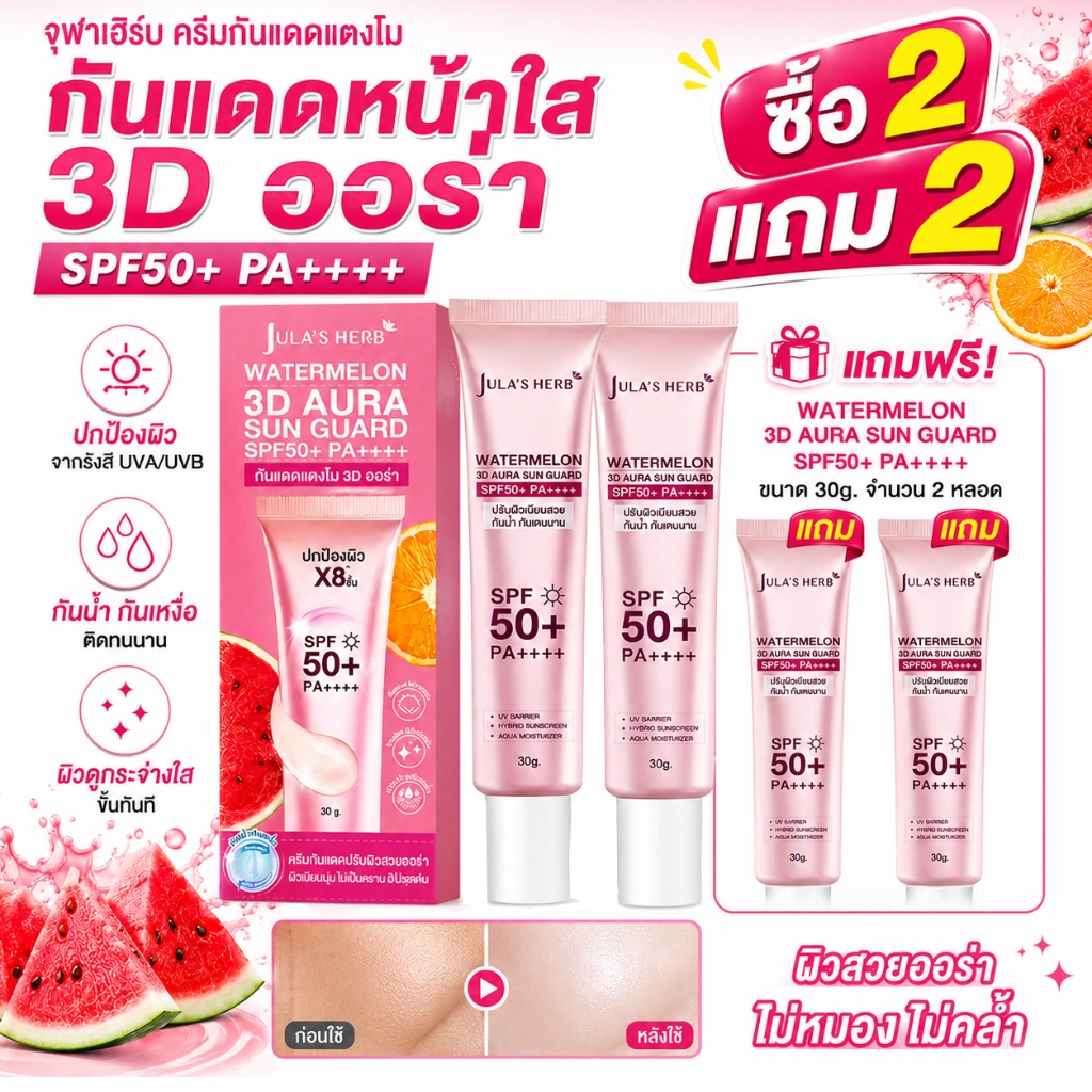 ซื้อ2แถม2🔥 Jula's Herb SPF50+ PA++++ กันแดดแตงโม 3D Aura Sun Guard 30g แตกตัวเป็นน้ำ ไม่เหนียว ปรับผิวออร่า