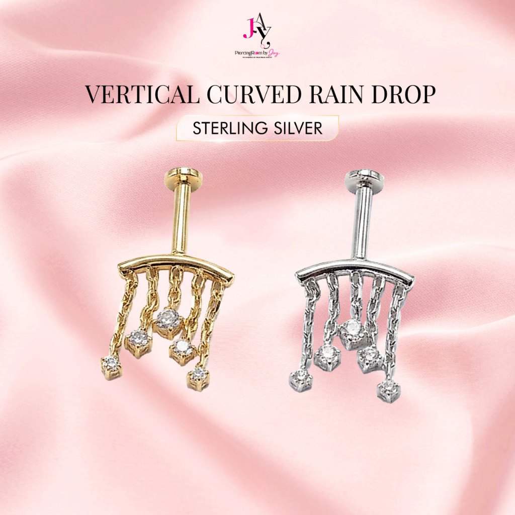 Piercingroom by Jay จิว/ต่างหูสำหรับผิวแพ้ง่าย Vertical Curved Rain Drop แป้นแบน เงินแท้ (ราคาต่อชิ้น)
