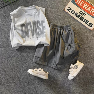 BEAR BABY ชุดเด็กผู้ชายสไตล์เกาหลี เสื้อกล้าม+กางเกงขาสั้น ลายอักษรแฟชั่น เนื้อผ้านุ่ม เย็นสบาย ไซส์90-150
