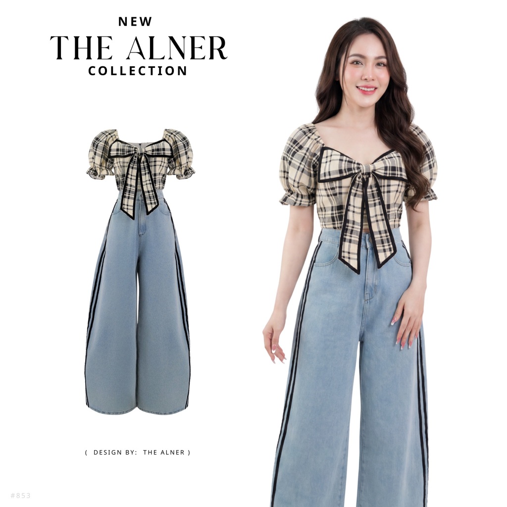 Thealner-AN853  เซตเสื้อเทาลายตารางแขนตุ๊กตากางเกงยีนส์ขายาว