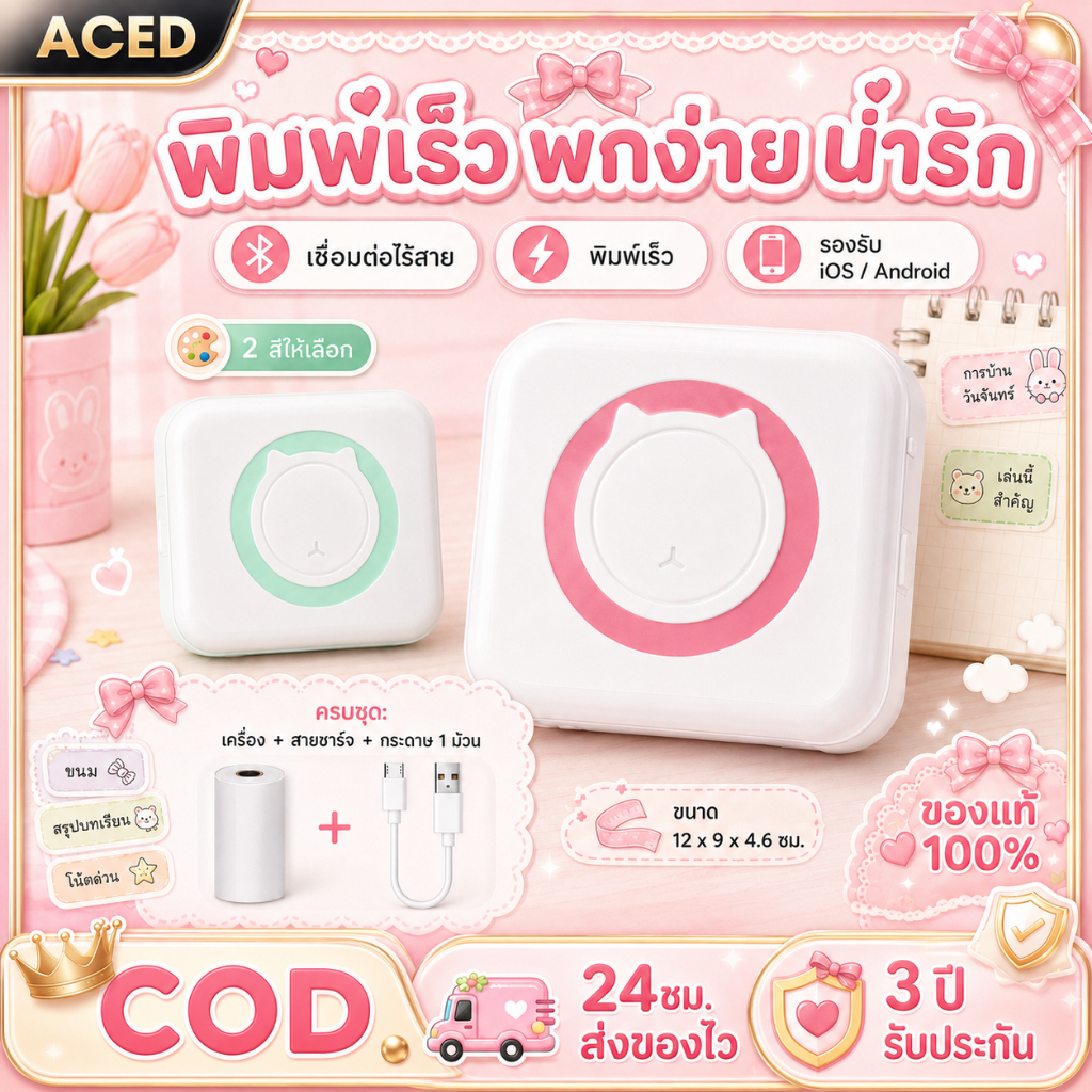 เครื่องปริ้นพกพา C15 PRO ไร้หมึก 300DPI Bluetooth ปริ้นรูป สติกเกอร์ ใช้แอป Fun Print