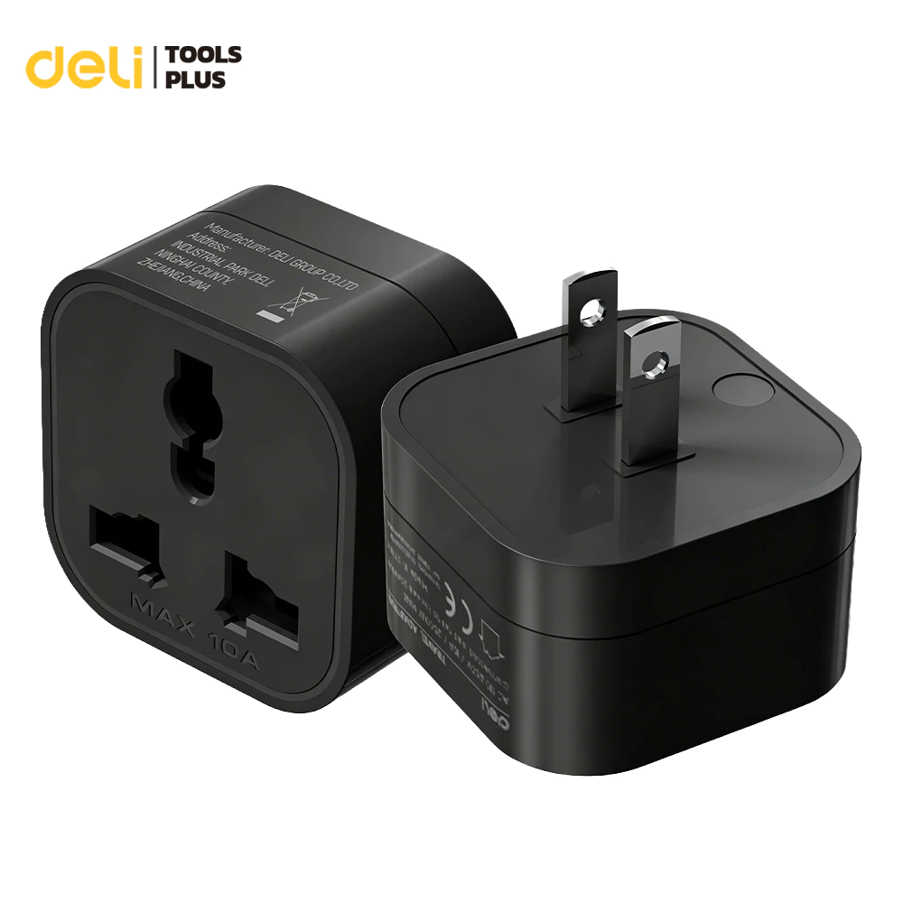 Deli ปลั๊กแปลงสากล อะแดปเตอร์พกพา ปลั๊กแปลงขาแบน 2500W ชาร์จไว ทนความร้อน สีดำ US-Universal Adapter