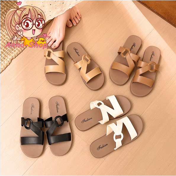 Anna shop รองเท้าแตะแบบสวม  สไตล์มินิมอลเกาหลี พื้นนุ่ม ใส่สบาย พร้อมส่งในไทย T428