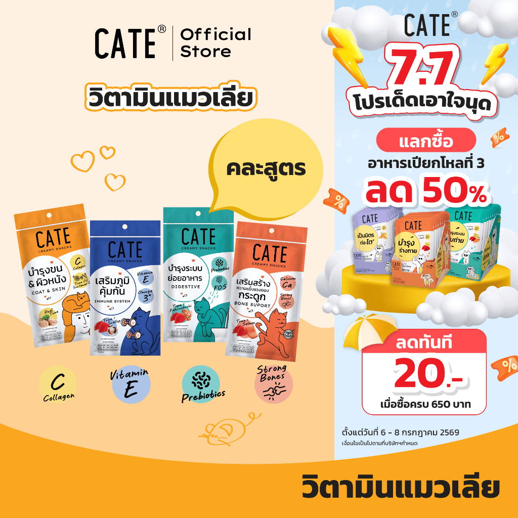 (คละสูตร) CATE เคท ขนมแมวเลียคละสูตร พรีไบโอติก เสริมภูมิ คอลลาเจน แคลเซียม