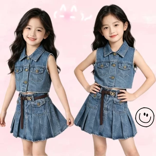 BB352 เซตเสื้อเวสต์คอปกผ้ายีนส์+กระโปรงพลีทเด็กผู้หญิง ผ้าคุณภาพนุ่ม ใส่สบาย อายุ 2-12 ปี