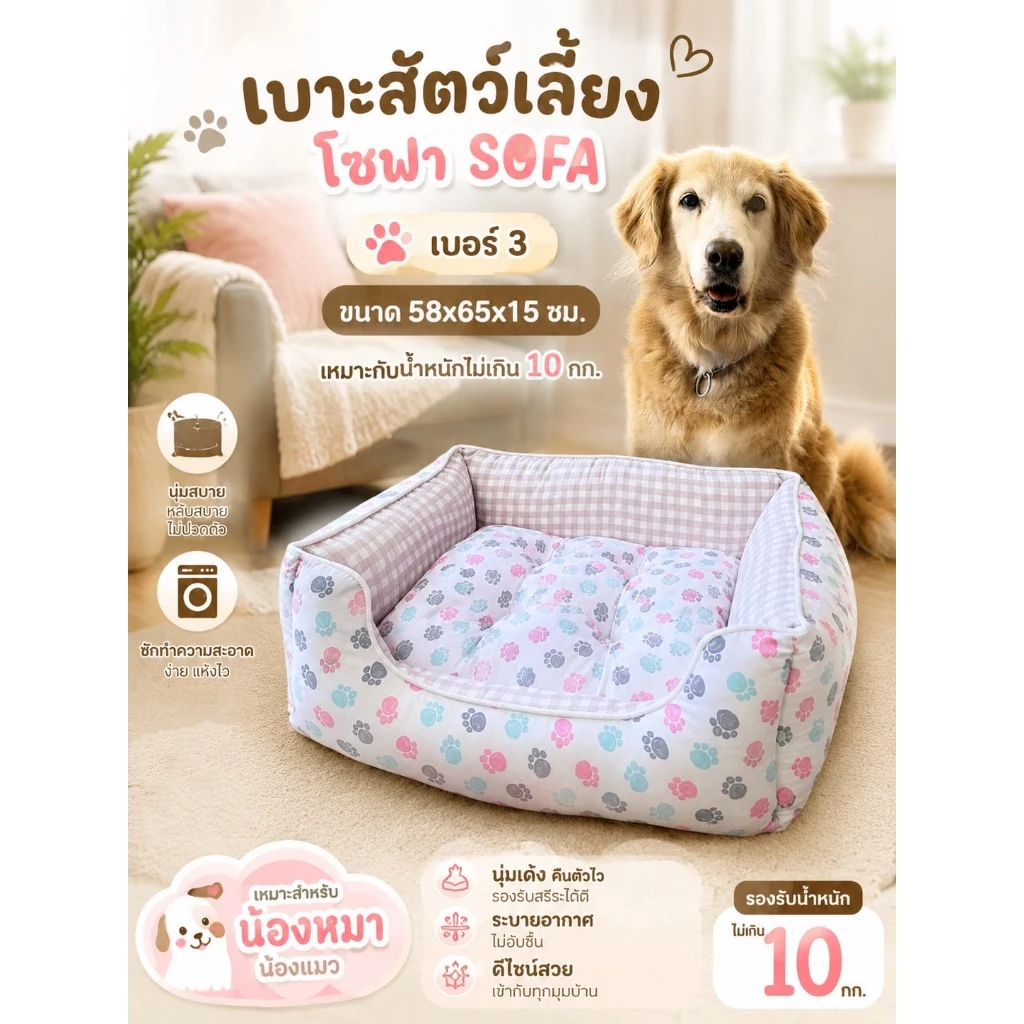 ที่นอนสัตว์เลี้ยง เบาะโซฟา ขนาดเบอร์ #3 รับน้ำหนักไม่เกิน 10 กก.SF (ขนาด 60x 65 x 15 ซม.)