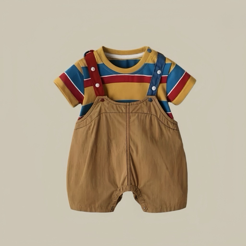 YO354  ชุดแฟชั่นเด็กผู้ชาย กางเกงเอี๊ยมสีน้ำตาล คอมโบเสื้อลายริ้ว สวมใส่ไปเที่ยว ถ่ายรูปสวย