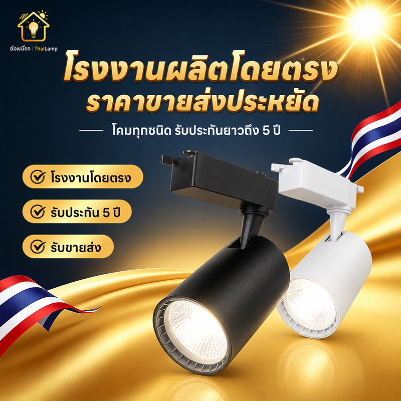 ไฟ LED Track Light ติดตามพร้อมชุดราง สปอตไลท์รางไฟ หมุนได้ 360° เงยลง 90° มีขนาด 10W/20W/30W/40W สีขาว/ดำ