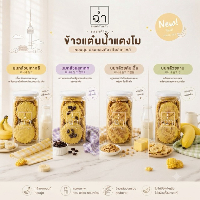 ฉ่ำ ข้าวแต๋นน้ำแตงโมรสนมกล้วยเกาหลีใหม่ล่าสุด Banana Milk Series
