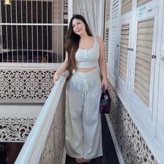 𝐂𝐡𝐨𝐮𝐱 𝐂𝐫𝐞𝐚𝐦 𝐒𝐞𝐭 (plussize)🧁🍒เสื้อสายเดี่ยวลูกไม้ + กางเกงเอวแต่งกระดุม มีดีเทลระบาย น่ารักๆ