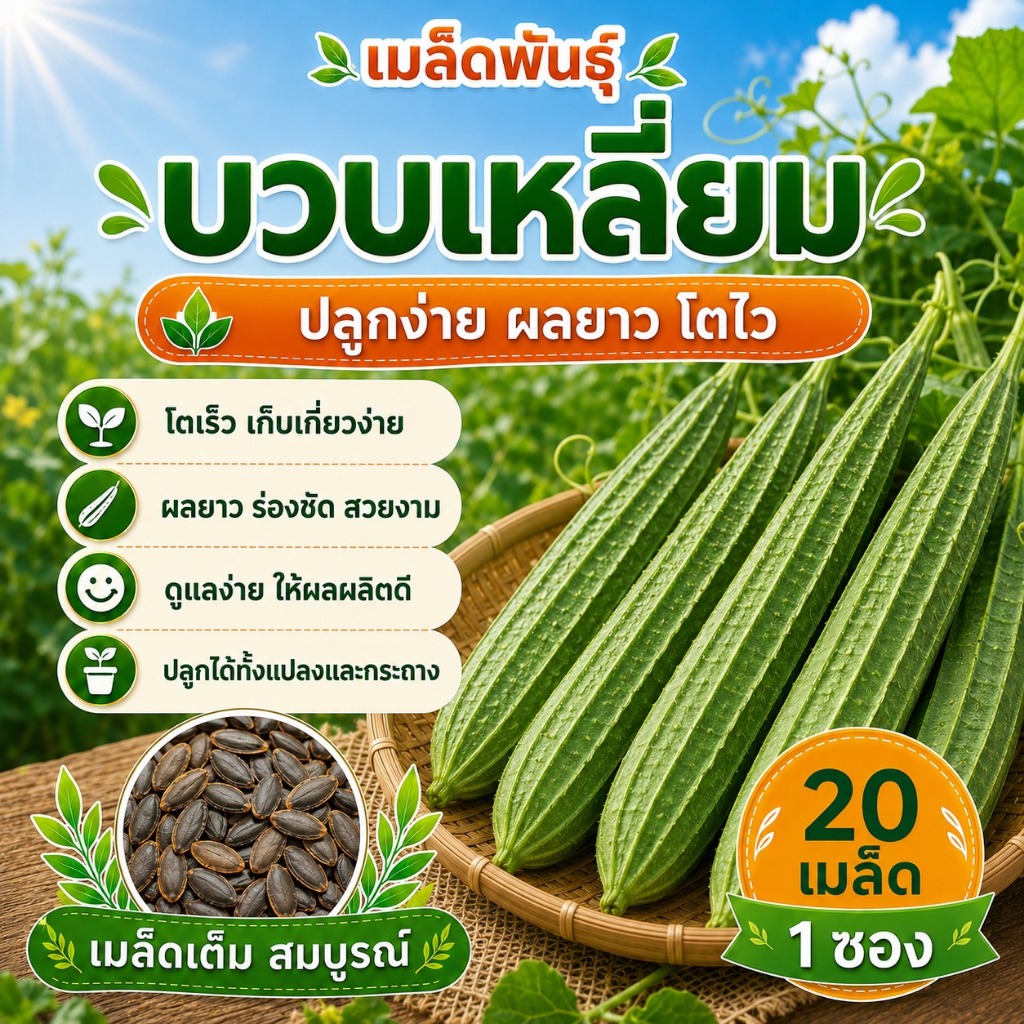 เมล็ดพันธุ์บวบเหลี่ยม ของแท้ 100% คุณภาพสูง ราคาประหยัด อัตราการงอกดี 20 เมล็ด/ซอง